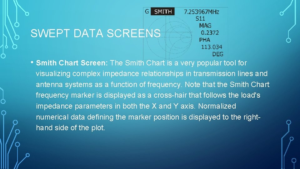 SWEPT DATA SCREENS • Smith Chart Screen: The Smith Chart is a very popular