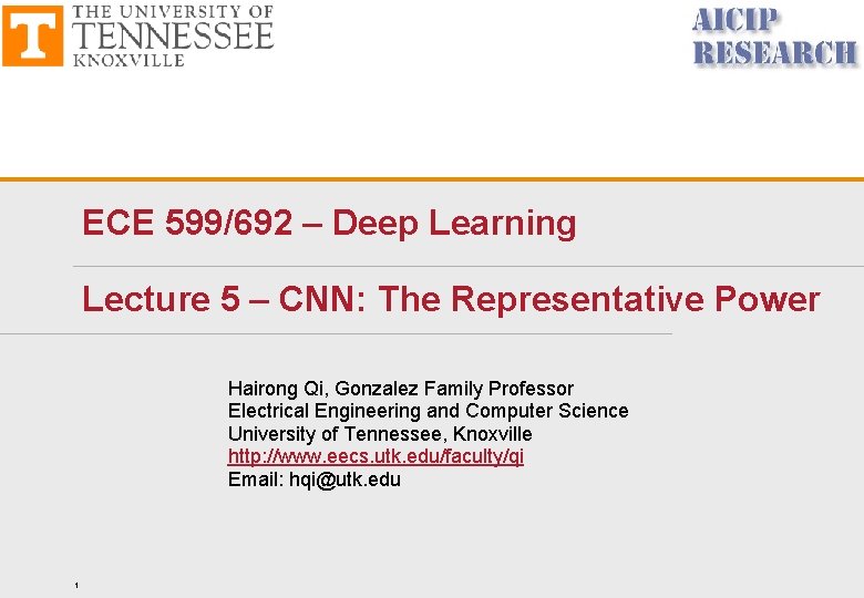 ECE 599/692 – Deep Learning Lecture 5 – CNN: The Representative Power Hairong Qi,