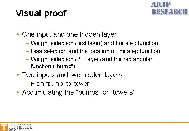 Visual proof • One input and one hidden layer – Weight selection (first layer)