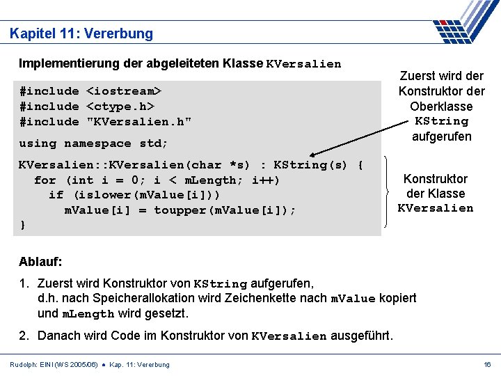 Kapitel 11: Vererbung Implementierung der abgeleiteten Klasse KVersalien #include <iostream> #include <ctype. h> #include