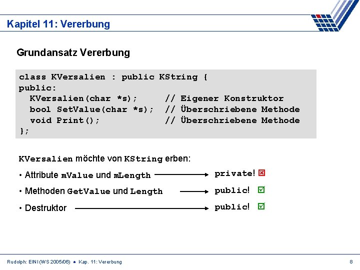 Kapitel 11: Vererbung Grundansatz Vererbung class KVersalien : public KString { public: KVersalien(char *s);