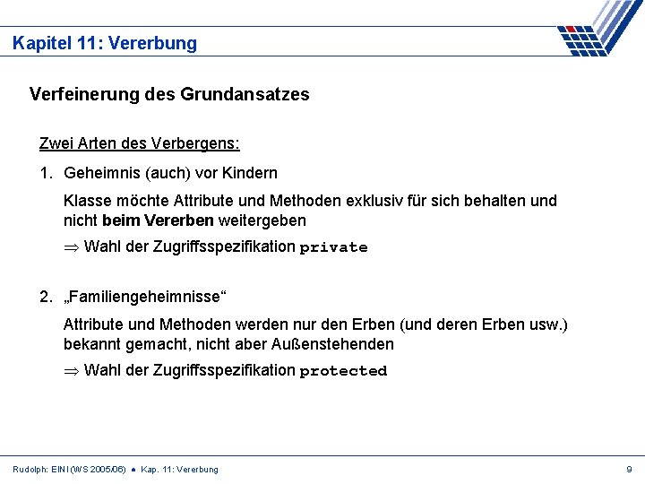 Kapitel 11: Vererbung Verfeinerung des Grundansatzes Zwei Arten des Verbergens: 1. Geheimnis (auch) vor