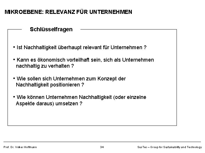 MIKROEBENE: RELEVANZ FÜR UNTERNEHMEN Schlüsselfragen • Ist Nachhaltigkeit überhaupt relevant für Unternehmen ? •