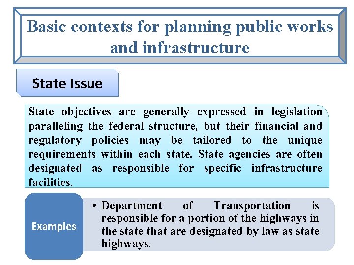 Basic contexts for planning public works and infrastructure State Issue State objectives are generally