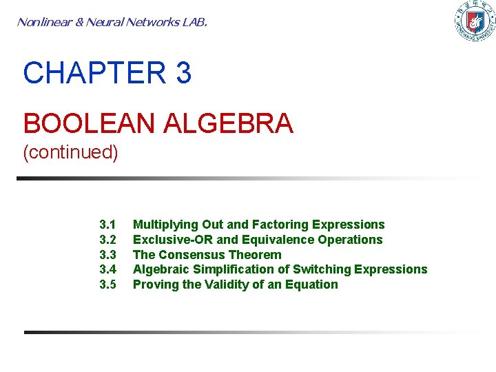Nonlinear & Neural Networks LAB. CHAPTER 3 BOOLEAN ALGEBRA (continued) 3. 1 3. 2