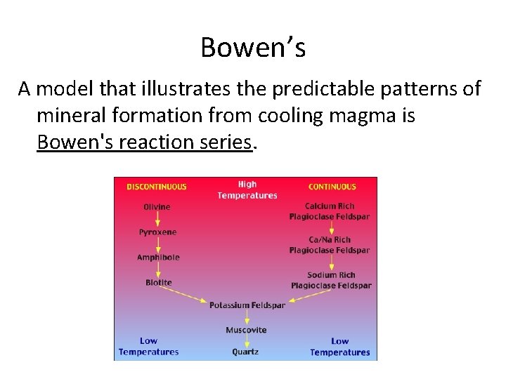 Bowen’s A model that illustrates the predictable patterns of mineral formation from cooling magma