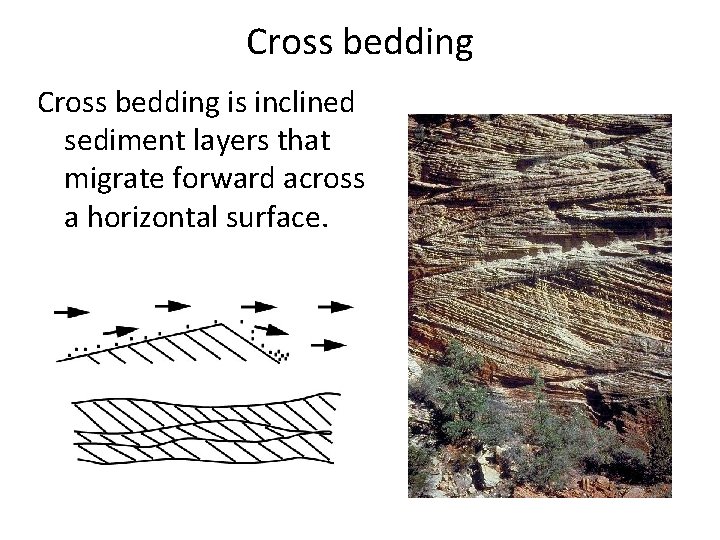 Cross bedding is inclined sediment layers that migrate forward across a horizontal surface. 