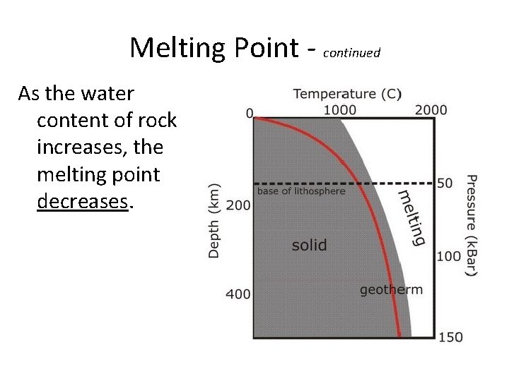 Melting Point - continued As the water content of rock increases, the melting point