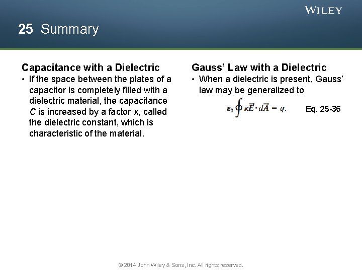 25 Summary Capacitance with a Dielectric Gauss’ Law with a Dielectric • If the