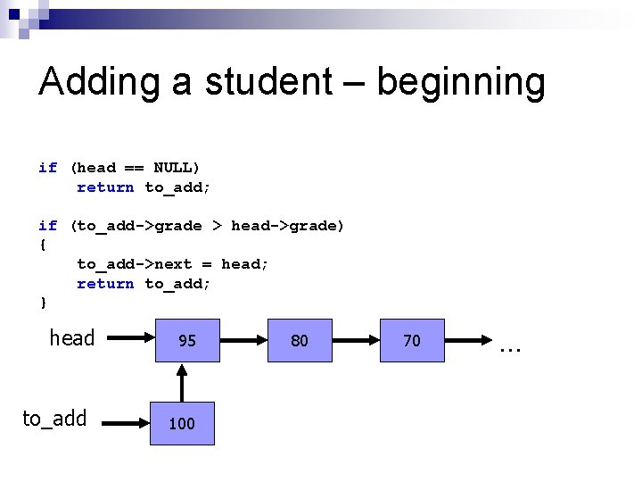 Adding a student – beginning if (head == NULL) return to_add; if (to_add->grade >