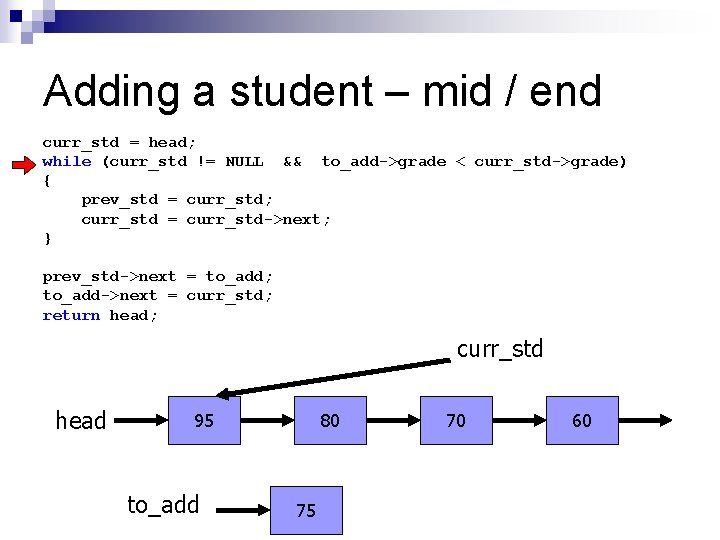 Adding a student – mid / end curr_std = head; while (curr_std != NULL