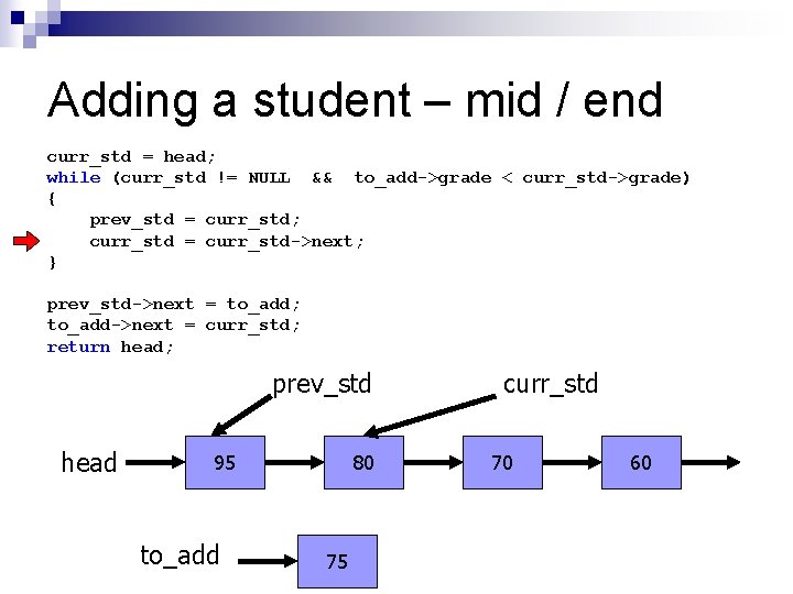 Adding a student – mid / end curr_std = head; while (curr_std != NULL