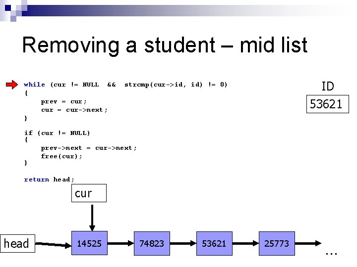 Removing a student – mid list while (cur != NULL && { prev =