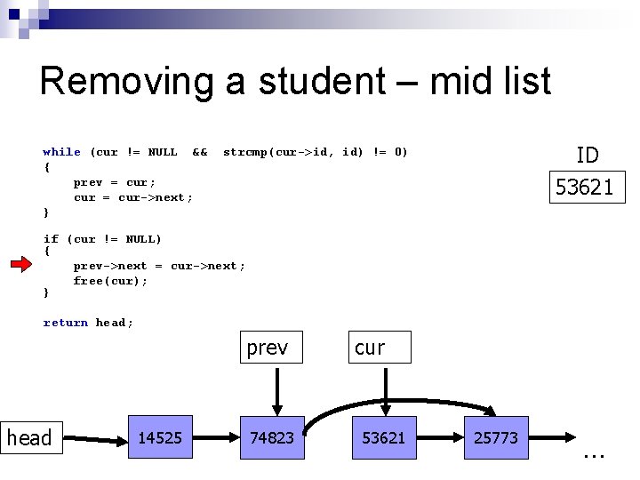 Removing a student – mid list while (cur != NULL && { prev =