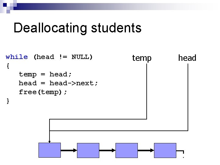 Deallocating students while (head != NULL) { temp = head; head = head->next; free(temp);