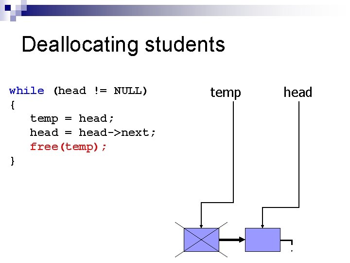 Deallocating students while (head != NULL) { temp = head; head = head->next; free(temp);