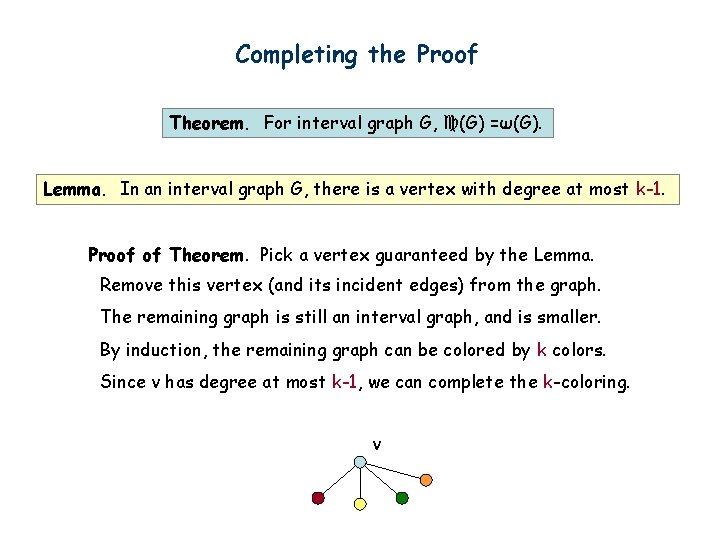 Completing the Proof Theorem. For interval graph G, (G) =ω(G). Lemma. In an interval