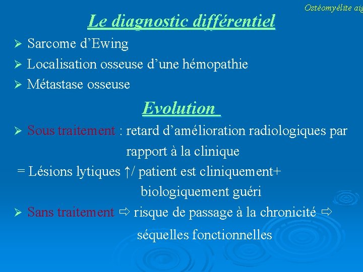 Le diagnostic différentiel Ostéomyélite aig Sarcome d’Ewing Localisation osseuse d’une hémopathie Métastase osseuse Evolution