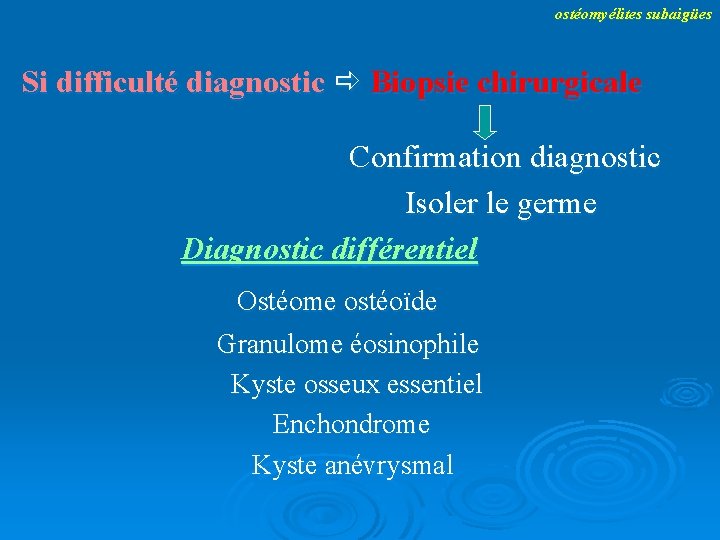 ostéomyélites subaigües Si difficulté diagnostic Biopsie chirurgicale Confirmation diagnostic Isoler le germe Diagnostic différentiel