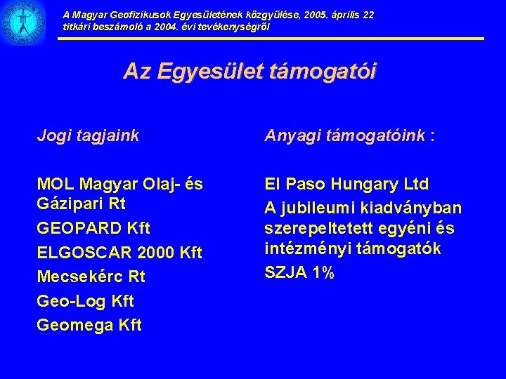 A Magyar Geofizikusok Egyesületének közgyűlése, 2005. április 22 titkári beszámoló a 2004. évi tevékenységről