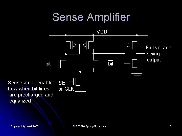 Sense Amplifier VDD bit Full voltage swing output Sense ampl. enable: SE Low when