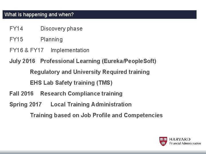 What is happening and when? FY 14 Discovery phase FY 15 Planning FY 16