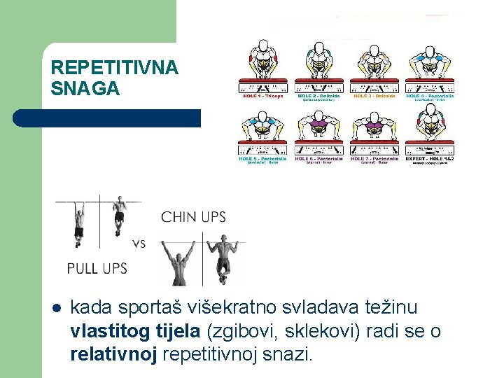 REPETITIVNA SNAGA l kada sportaš višekratno svladava težinu vlastitog tijela (zgibovi, sklekovi) radi se