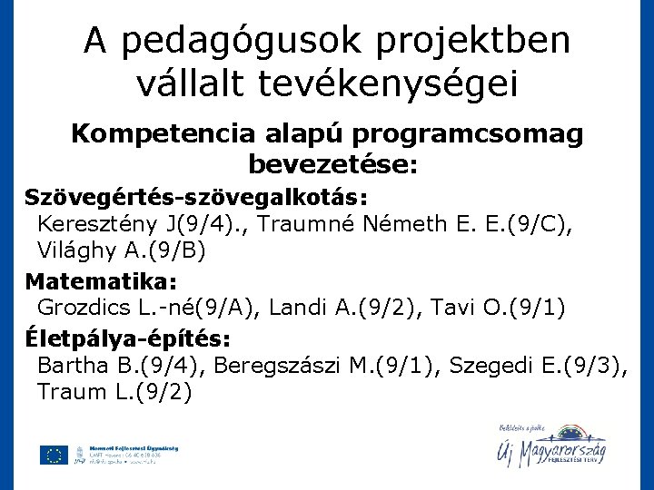 A pedagógusok projektben vállalt tevékenységei Kompetencia alapú programcsomag bevezetése: Szövegértés-szövegalkotás: Keresztény J(9/4). , Traumné