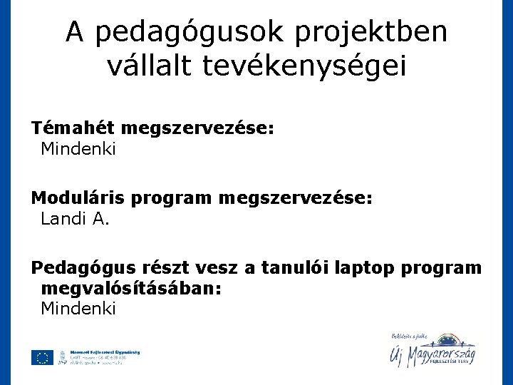 A pedagógusok projektben vállalt tevékenységei Témahét megszervezése: Mindenki Moduláris program megszervezése: Landi A. Pedagógus