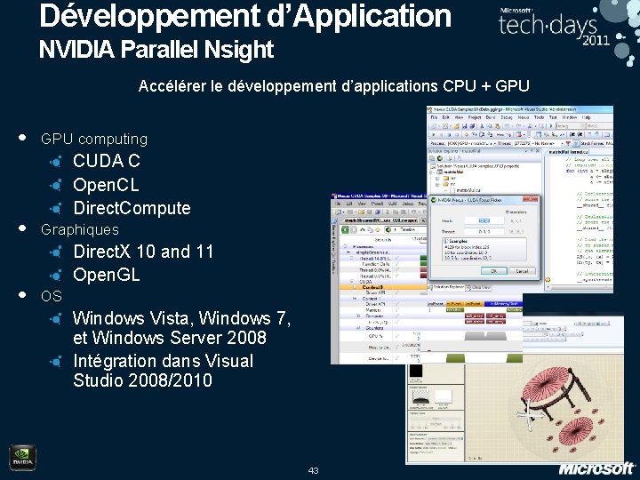 Développement d’Application NVIDIA Parallel Nsight Accélérer le développement d’applications CPU + GPU • •