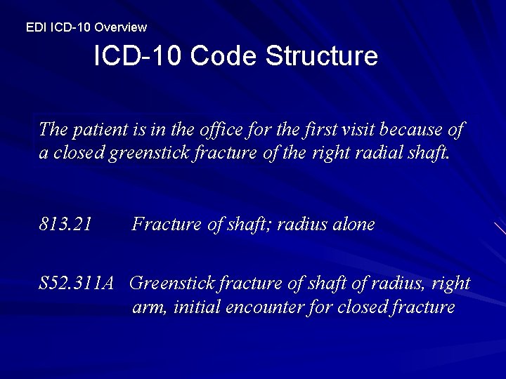 EDI ICD-10 Overview ICD-10 Code Structure The patient is in the office for the