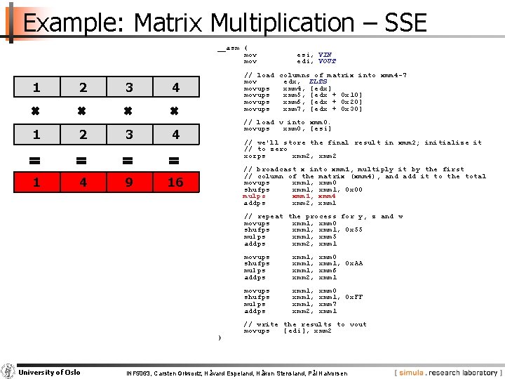 Example: Matrix Multiplication – SSE __asm { mov 1 1 1 2 2 4