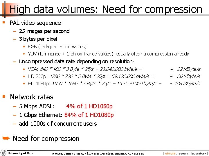 High data volumes: Need for compression § PAL video sequence − 25 images per