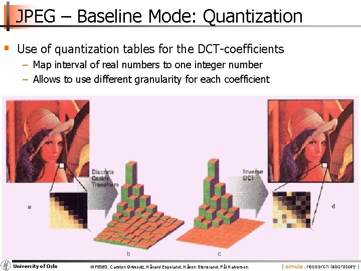 JPEG – Baseline Mode: Quantization § Use of quantization tables for the DCT-coefficients −