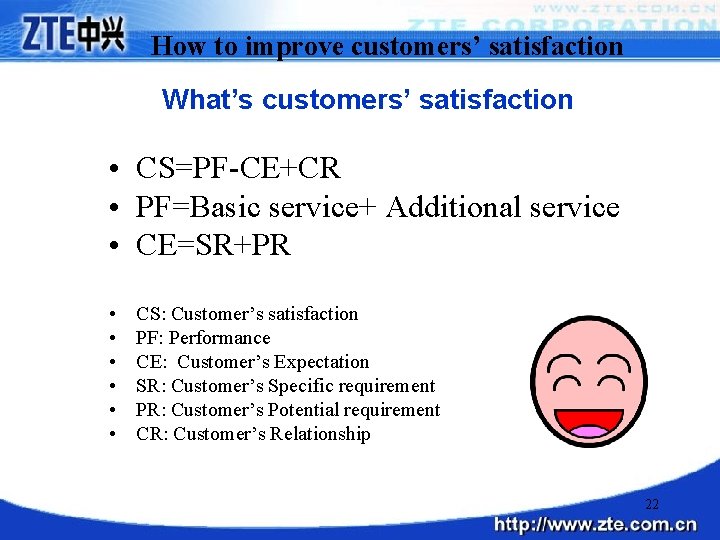How to improve customers’ satisfaction What’s customers’ satisfaction • CS=PF-CE+CR • PF=Basic service+ Additional