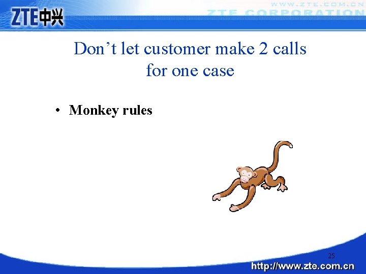 Don’t let customer make 2 calls for one case • Monkey rules 25 