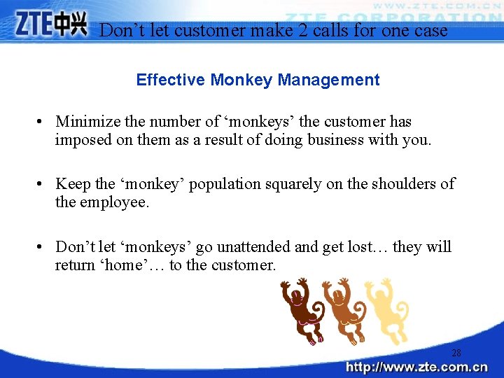 Don’t let customer make 2 calls for one case Effective Monkey Management • Minimize