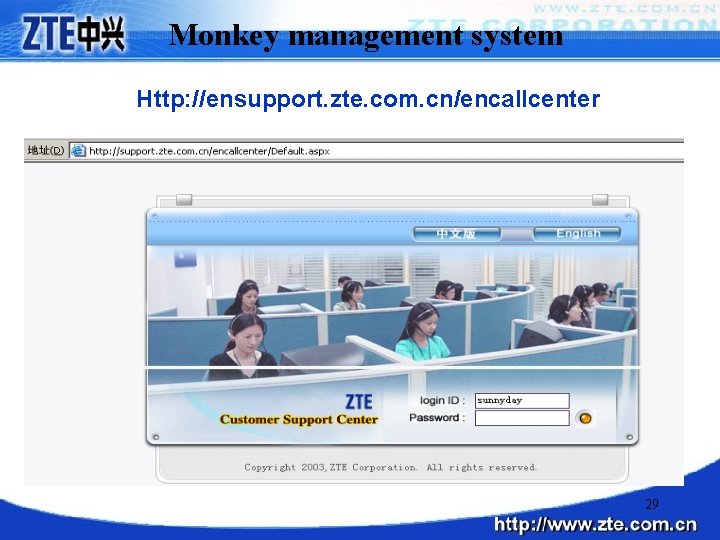 Monkey management system Http: //ensupport. zte. com. cn/encallcenter 29 