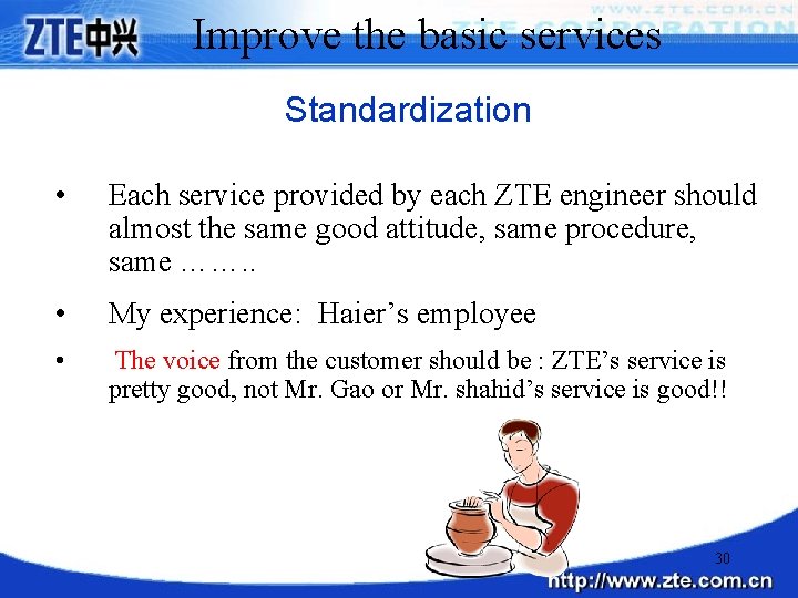 Improve the basic services Standardization • Each service provided by each ZTE engineer should