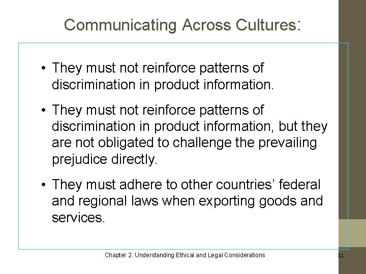 Communicating Across Cultures: • They must not reinforce patterns of discrimination in product information,