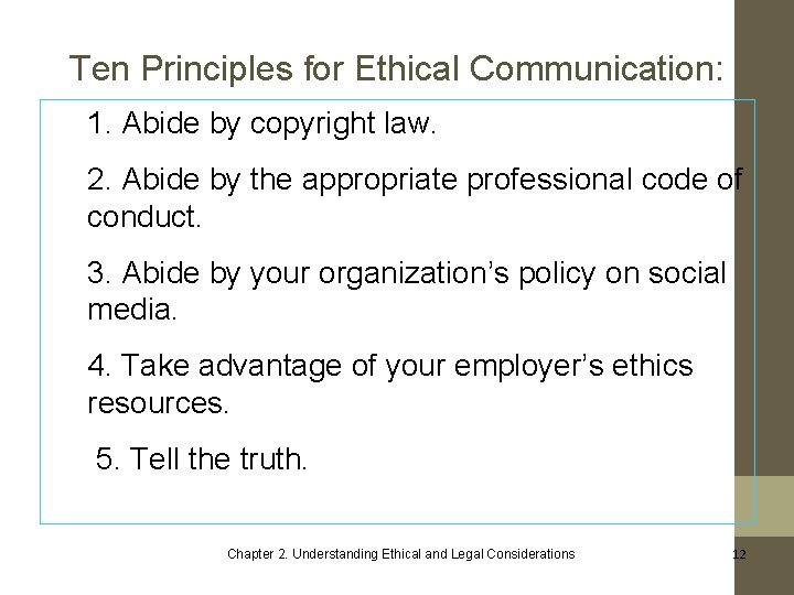 Ten Principles for Ethical Communication: 1. Abide by copyright law. 2. Abide by the