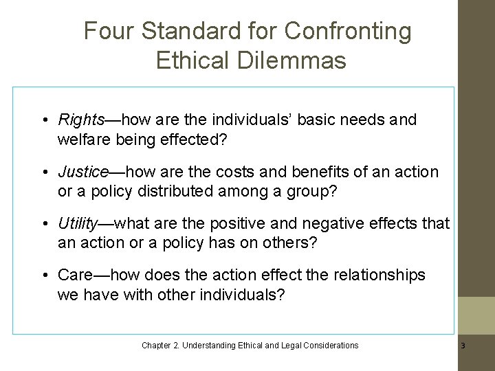 Four Standard for Confronting Ethical Dilemmas • Rights—how are the individuals’ basic needs and