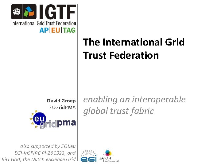 The International Grid Trust Federation David Groep EUGrid. PMA also supported by EGI. eu