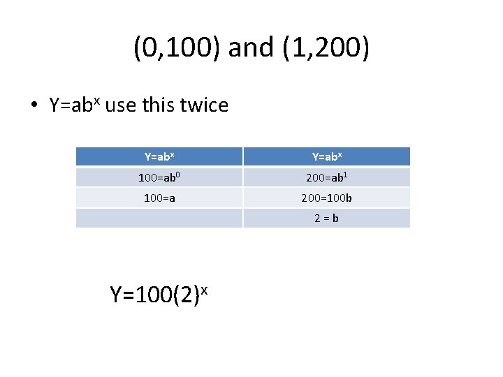 (0, 100) and (1, 200) • Y=abx use this twice Y=abx 100=ab 0 200=ab