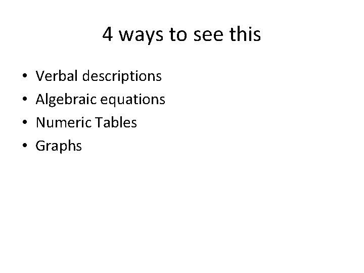 4 ways to see this • • Verbal descriptions Algebraic equations Numeric Tables Graphs