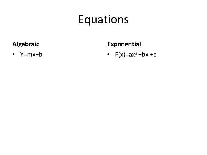 Equations Algebraic Exponential • Y=mx+b • F(x)=ax 2 +bx +c 