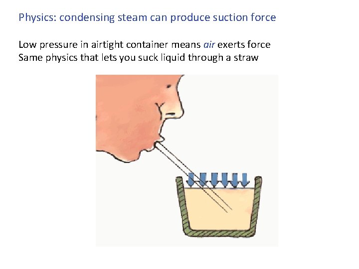 Physics: condensing steam can produce suction force Low pressure in airtight container means air