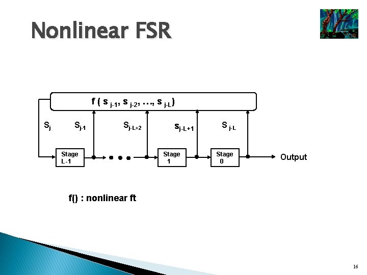 Nonlinear FSR f ( s j-1, s j-2, …, s j-L) Sj Sj-1 Sj-L+2