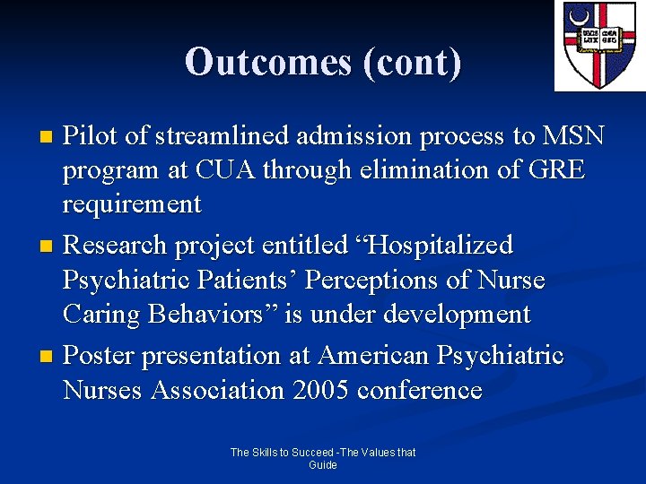 Outcomes (cont) Pilot of streamlined admission process to MSN program at CUA through elimination