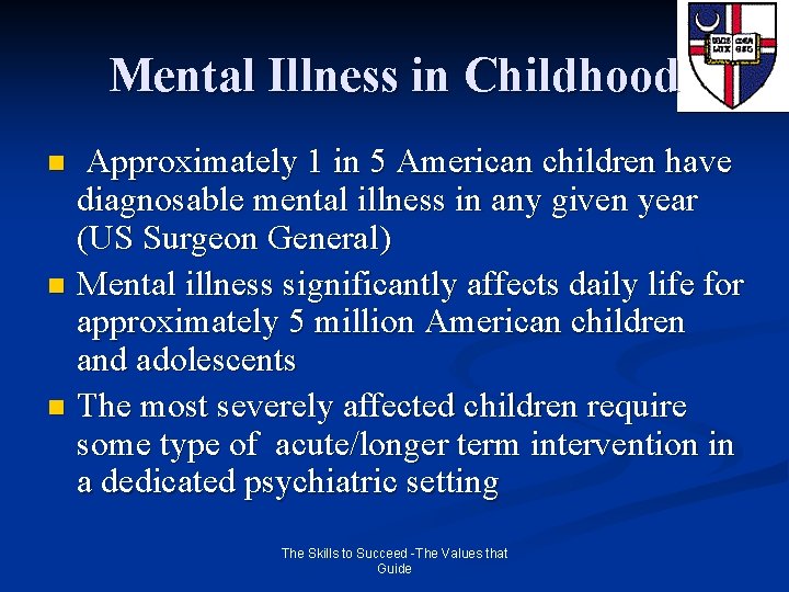 Mental Illness in Childhood Approximately 1 in 5 American children have diagnosable mental illness
